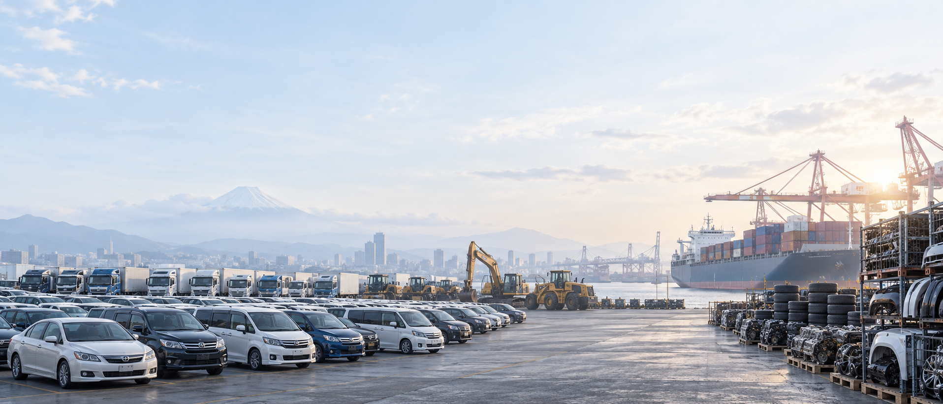 A selection of passenger vehicles in an outdoor vehicle yard